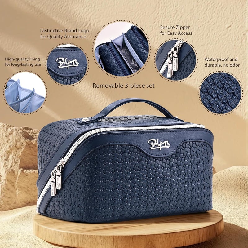 BOYATU Travel Makeup Bag Cosmetic Bags for Women: Large Capacity 3 Pcs Set Make up Bag with Compartments - Waterproof Vegan Leather Toiletry Organizer Bags with Handle (L40 Blue) - Image 2
